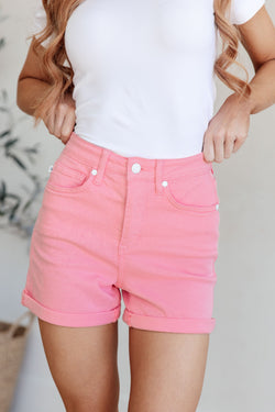 Judy Blue Control Top Cuffed Shorts in Pink