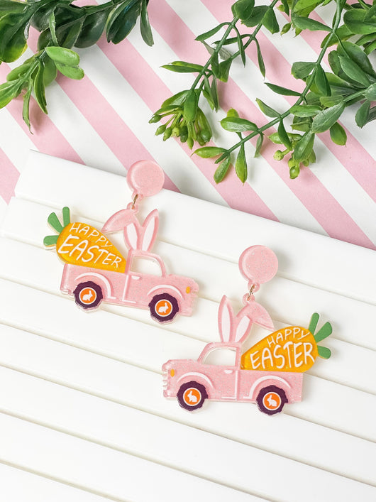 PREORDER: Happy Easter Bunny Truck Dangle Earrings